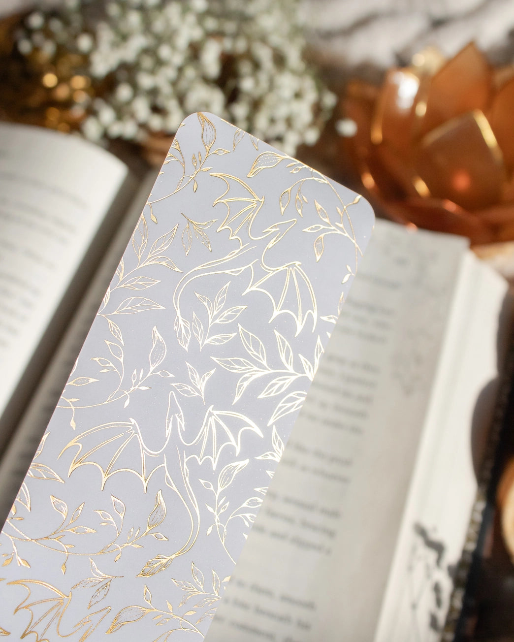 Gold Foil and White Floral Dragons Foil Bookmark