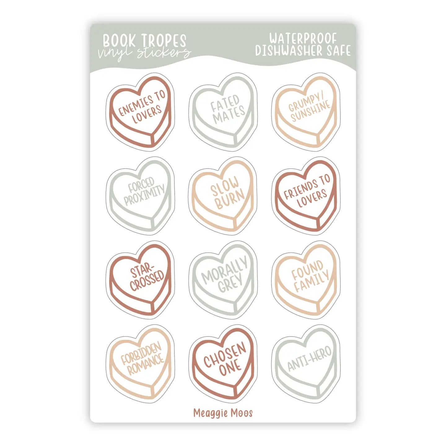 Book Trope Conversation Hearts Vinyl Sticker Sheet